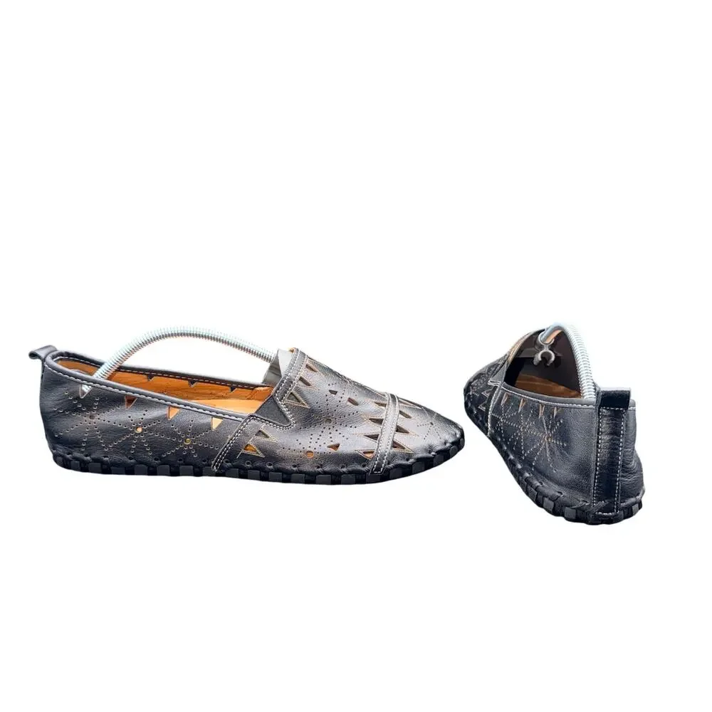 Spring Step Fusaro Black Leather Cutout Slip On Flats EU 41 US 10